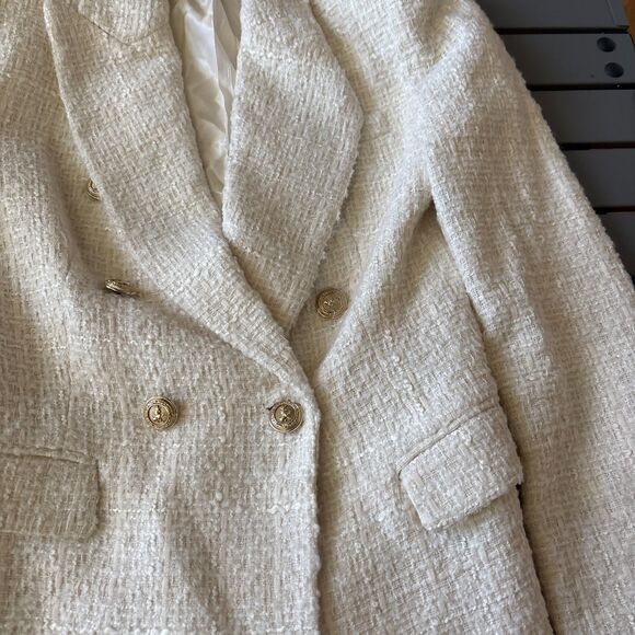 Zara Tweed Blazer Jacket Womens XS Ivory Long Sleeve Notch Lapel Double Breasted - Picture 4 of 9
